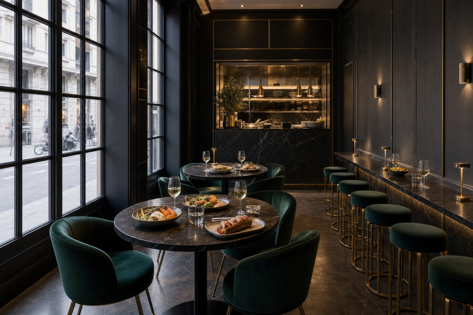 Manhattan Power Lunch: tre tavolini tondi e tavolo a muro