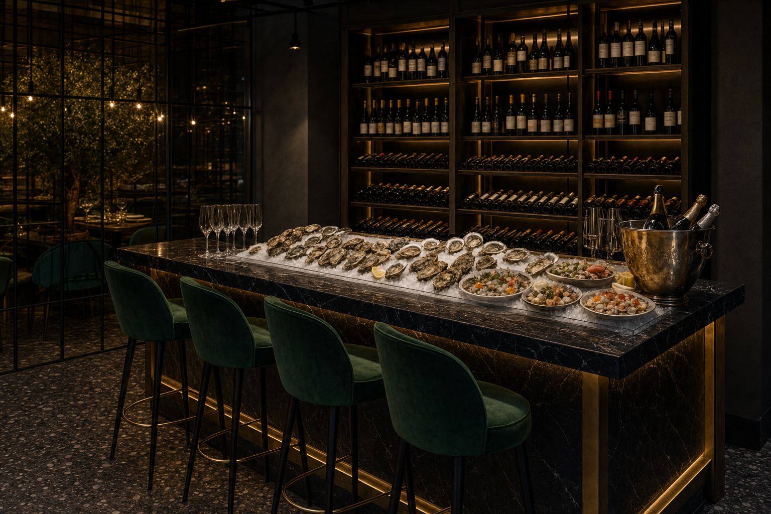 Mini raw bar e bollicine verso sala