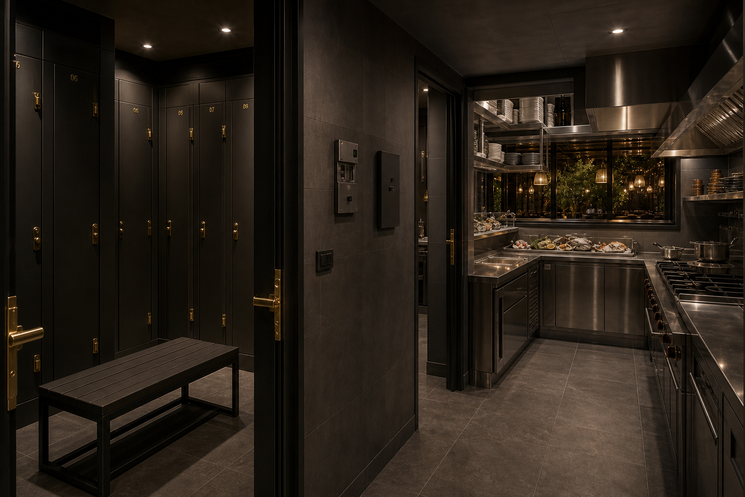 Spogliatoio, locale tecnico e cucina con pass piatto